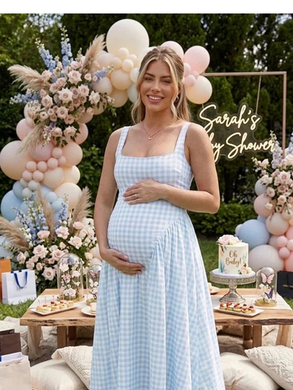 Light Blue Gingham Maternity Maxi Dress -